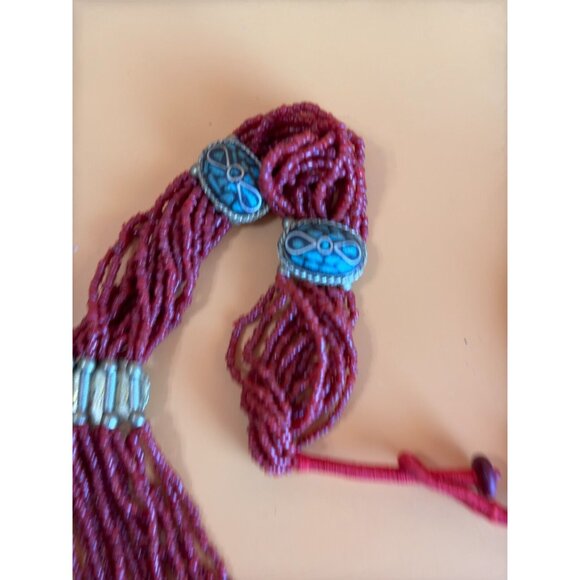 Tibetan Multi Strand Bamboo Coral Bead w/Turquoise Mosaic Inlaid Accent Necklace - Picture 5 of 8